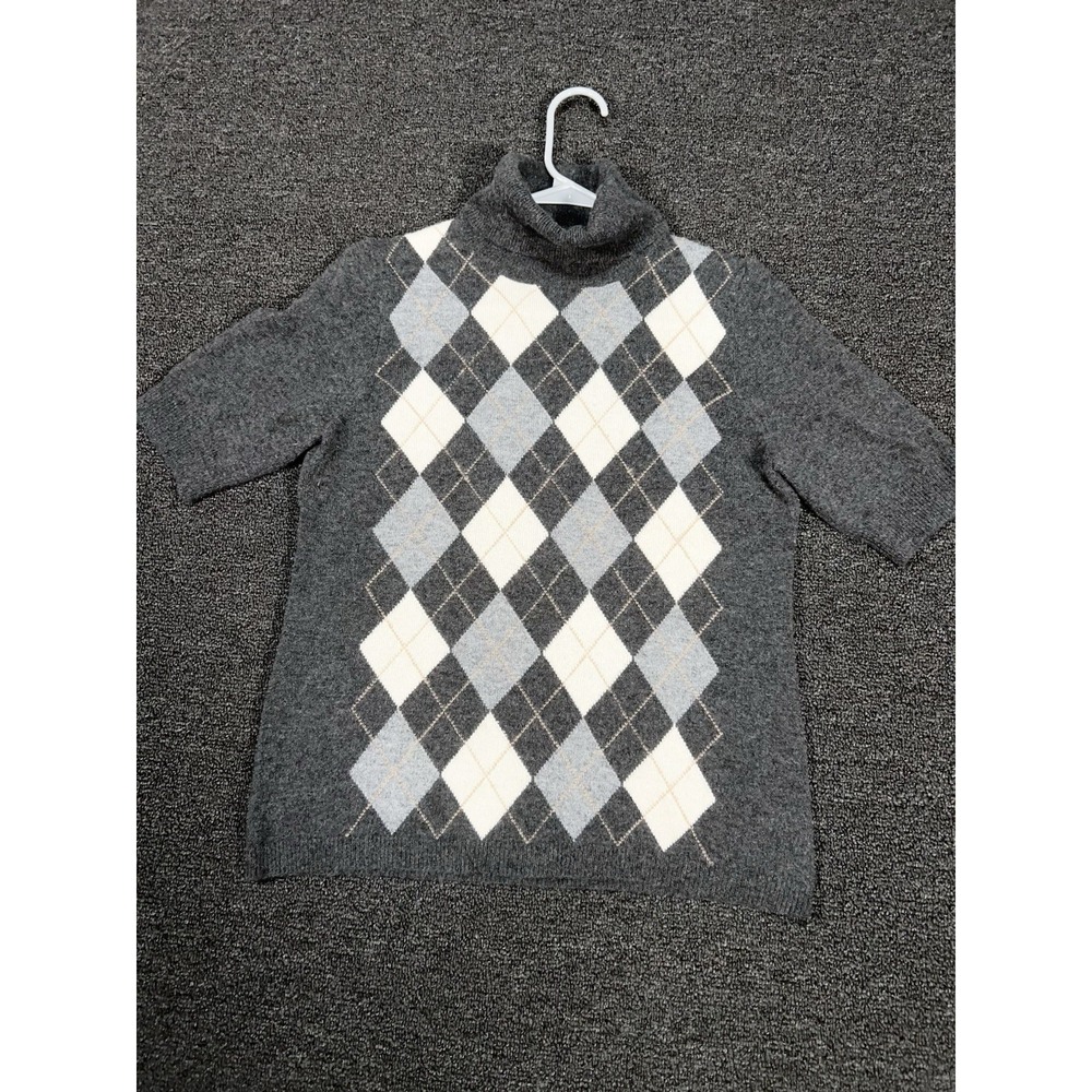 Simply Cashmere Sweater Women's Large Gray‎ Argyle Diamond Short Sleeve Pullover